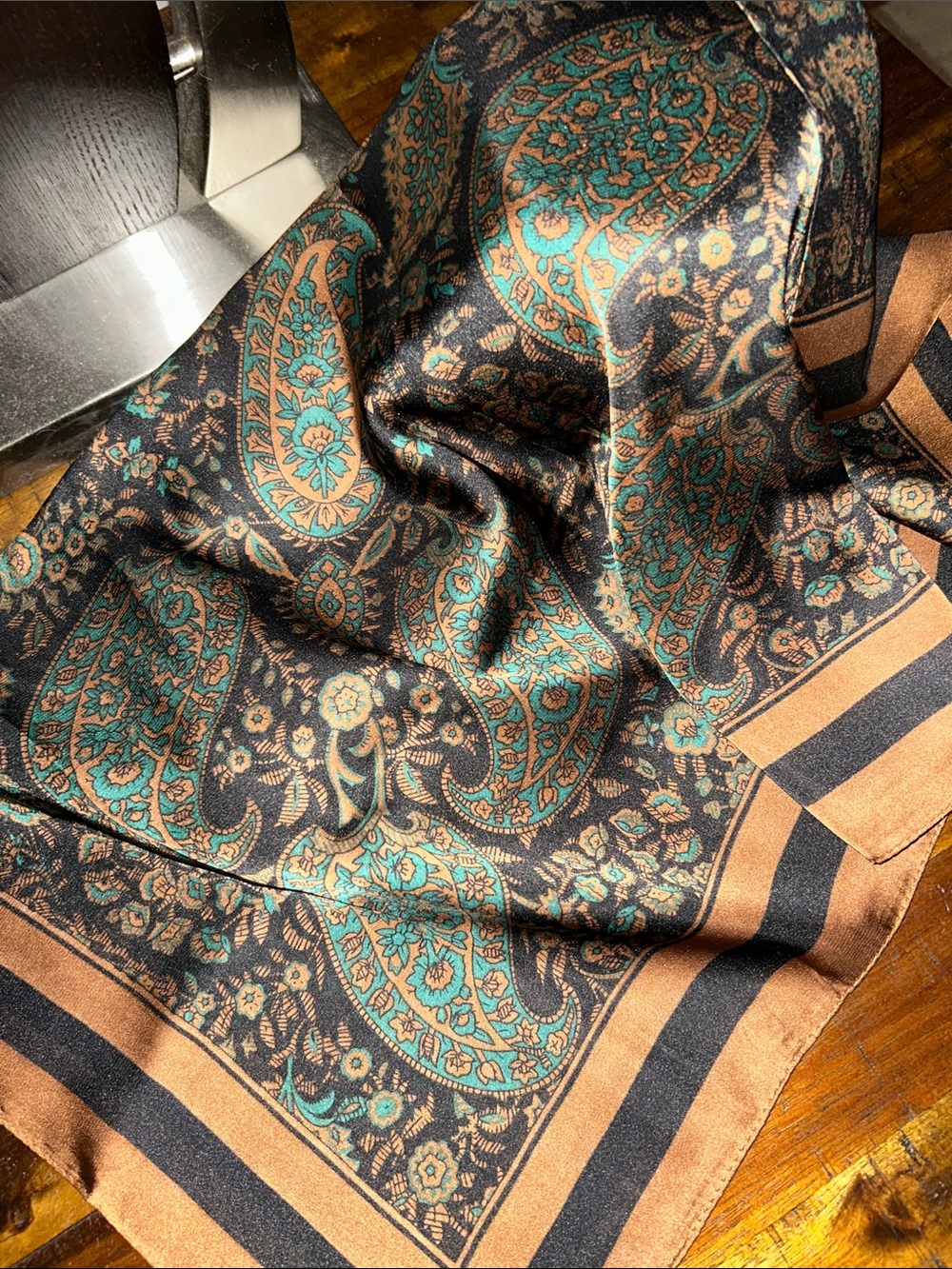 Blue-Green & Brown Classic Paisley Square Scarf | 27.5” - Picture 11 of 11